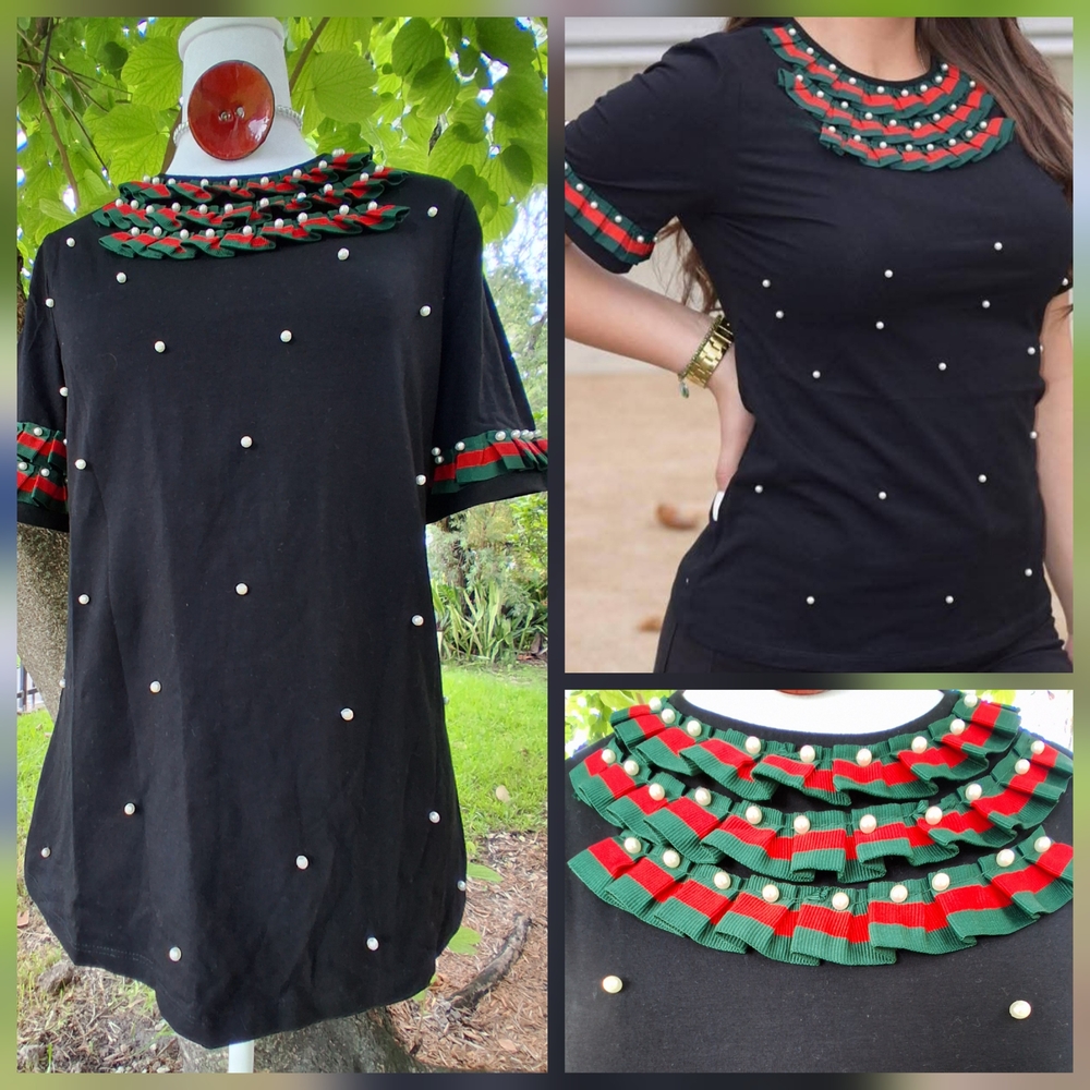 🔥 Exclusive Black Top, Ruffled Neck Pearls Accents Size Large & Free Gift